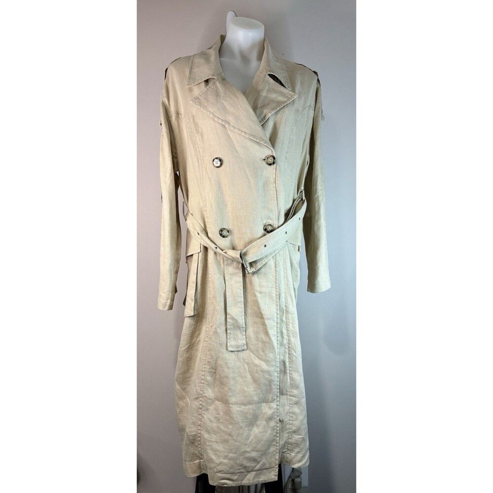 Avec Les Filles Women’s Beige Cutwork 100% Linen Belted Long Trench Coat Large